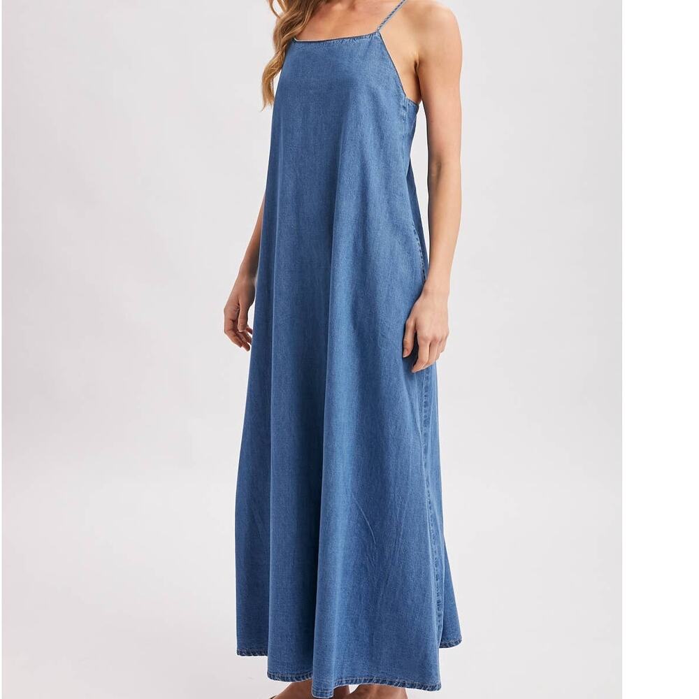 Denim Chambray Open Back Maxi Dress - Sleeveless Tent Dress with Pockets - Picture 8 of 10